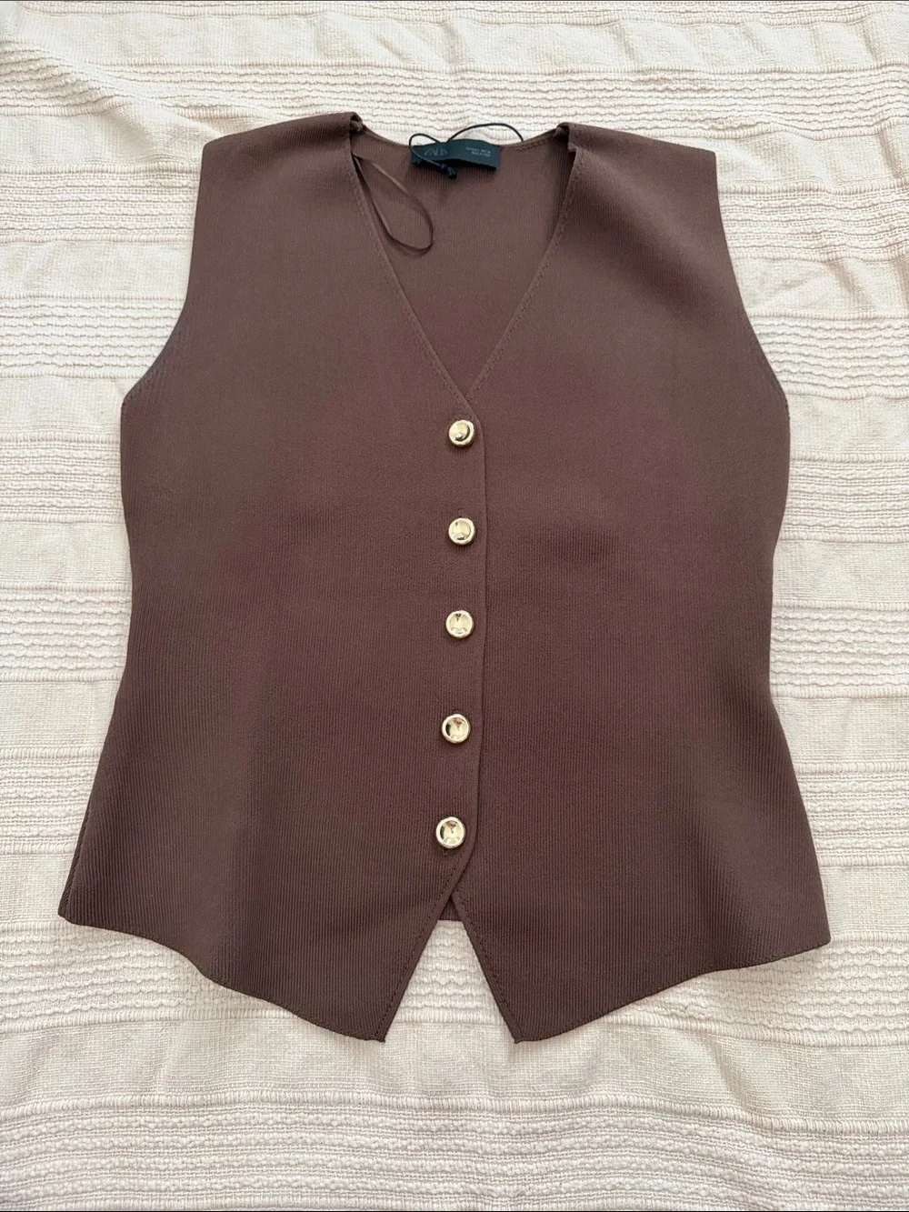Zara Brown Sleeveless V-Neck Button Front Knit Vest